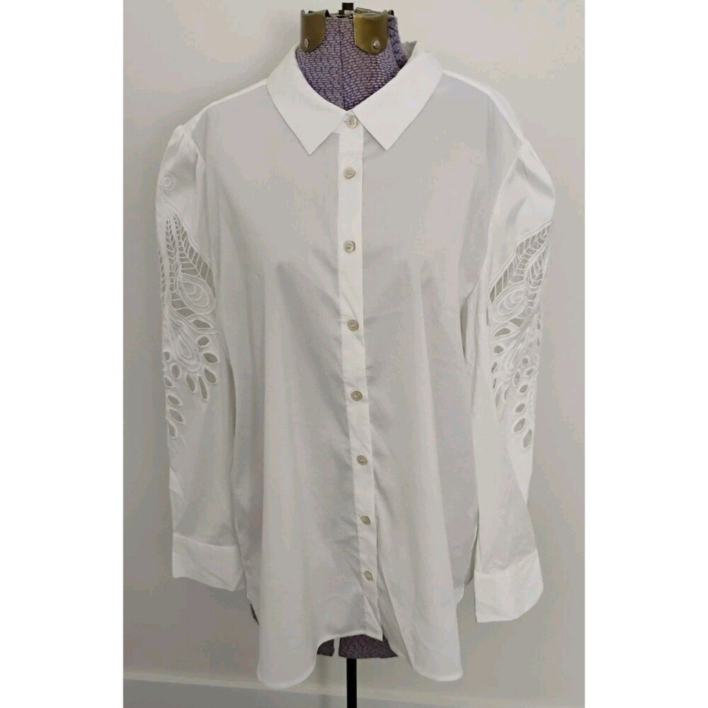Chico's Poplin Theatrical Sleeve Button Up Shirt 16 White Cut Out LS NWT $109
